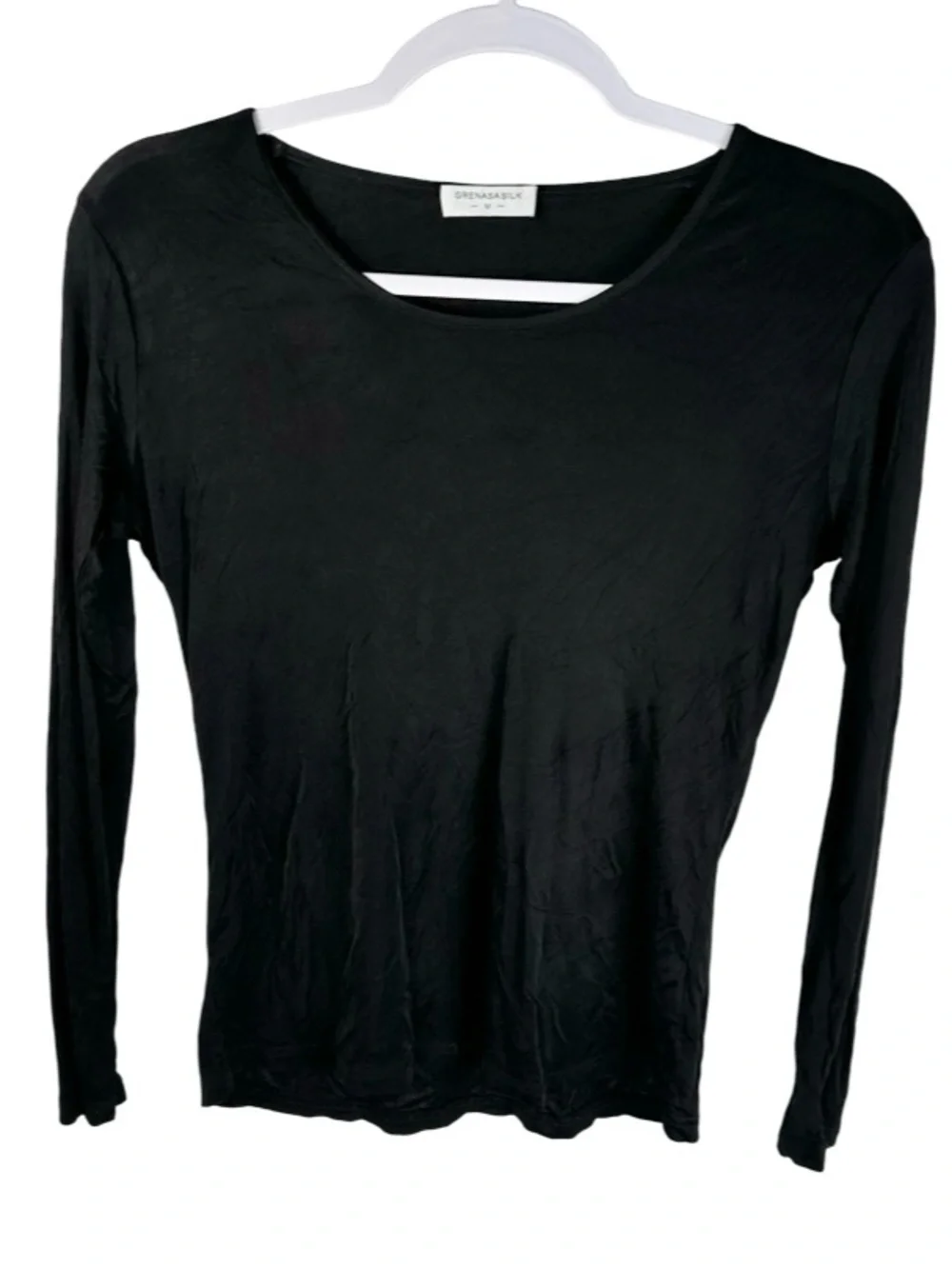Grenasa Silk 100% Silk Solid Black Long Sleeve Round Neck Top Size Medium